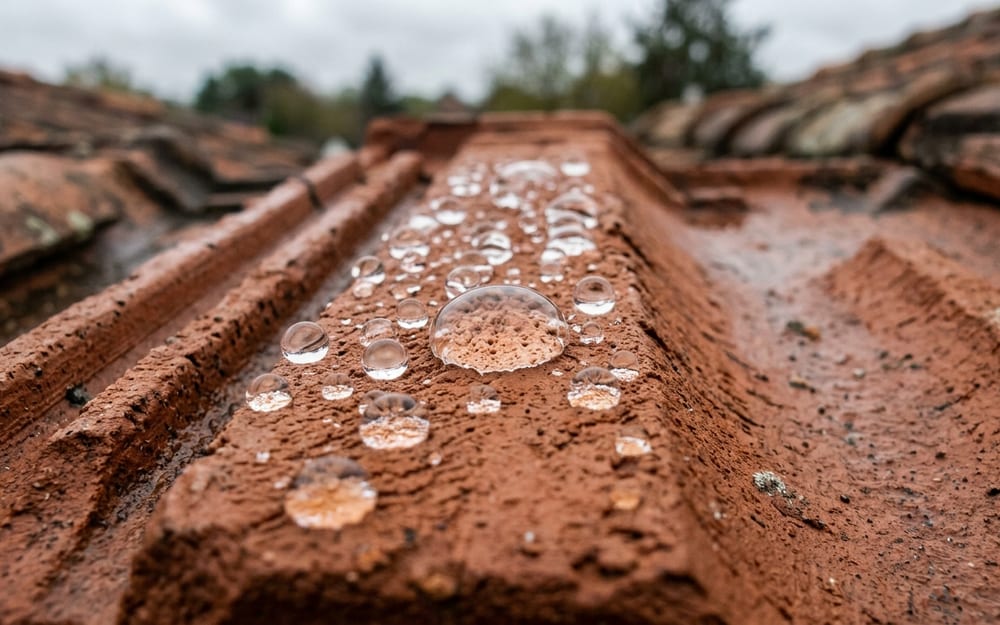Gouttes d'eau perlant en billes rondes à la surface d'une tuile en terre cuite traitée à l'hydrofuge