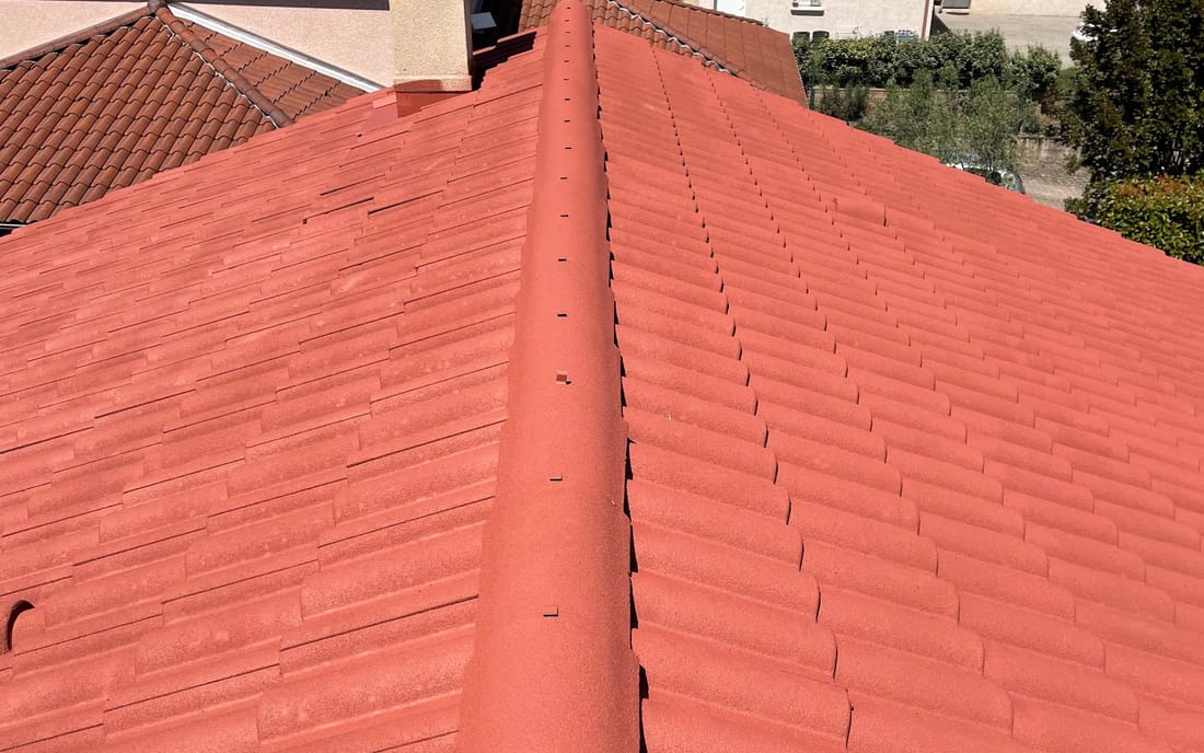 Toiture en tuiles béton après démoussage et application d'un hydrofuge coloré