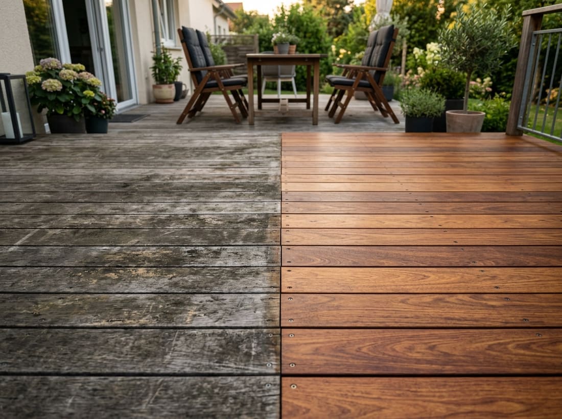 Terrasse en bois à moitié dégrisée, contraste avant après